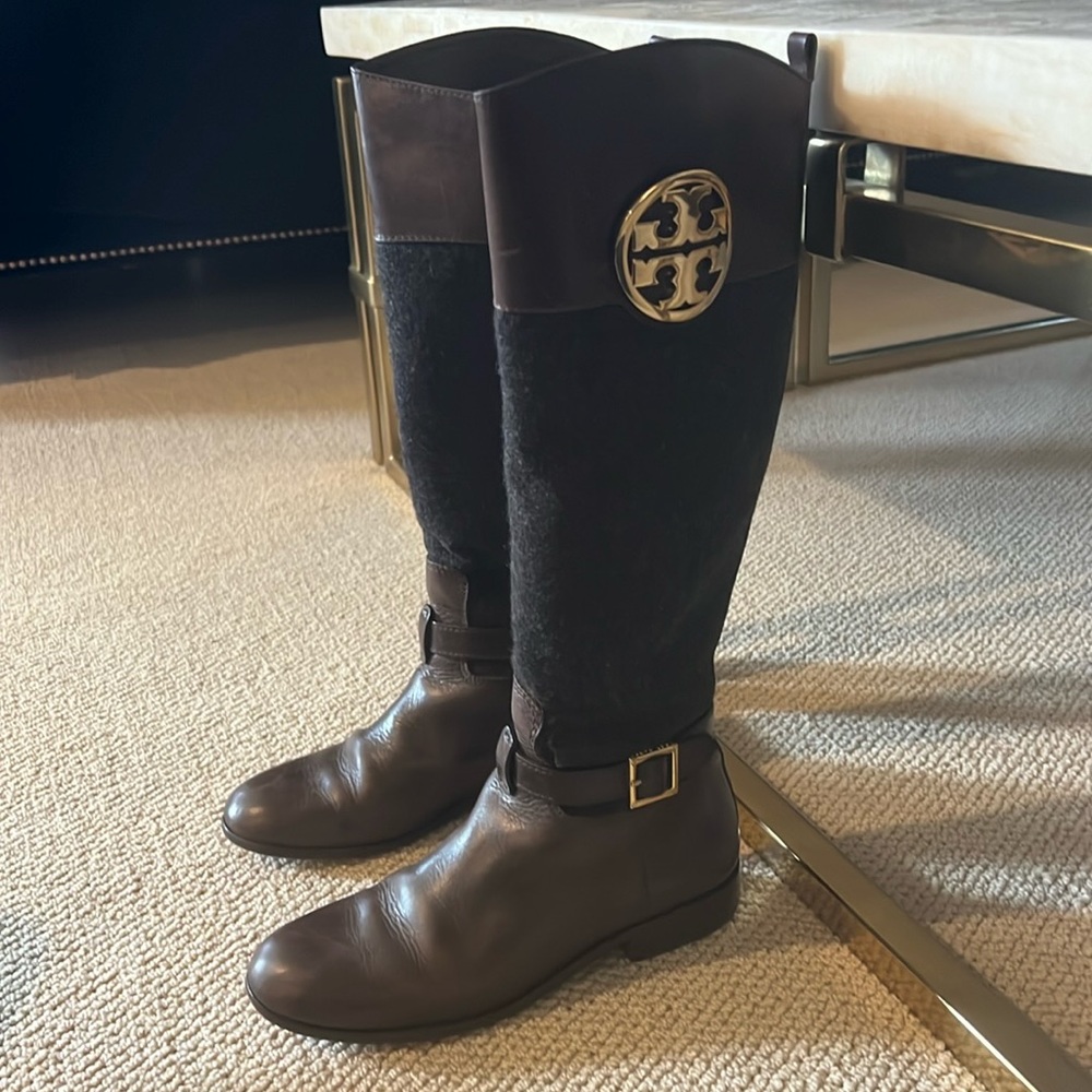 Tory Burch Charcoal Flannel/Coconut Leather Riding Boots- size 6.5